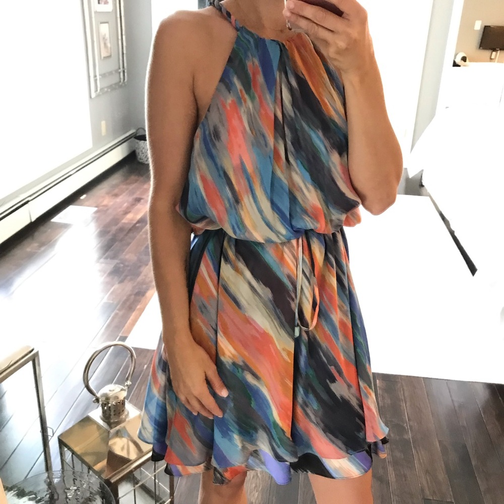 Rachel Roy pockets braided halter silk dress Med